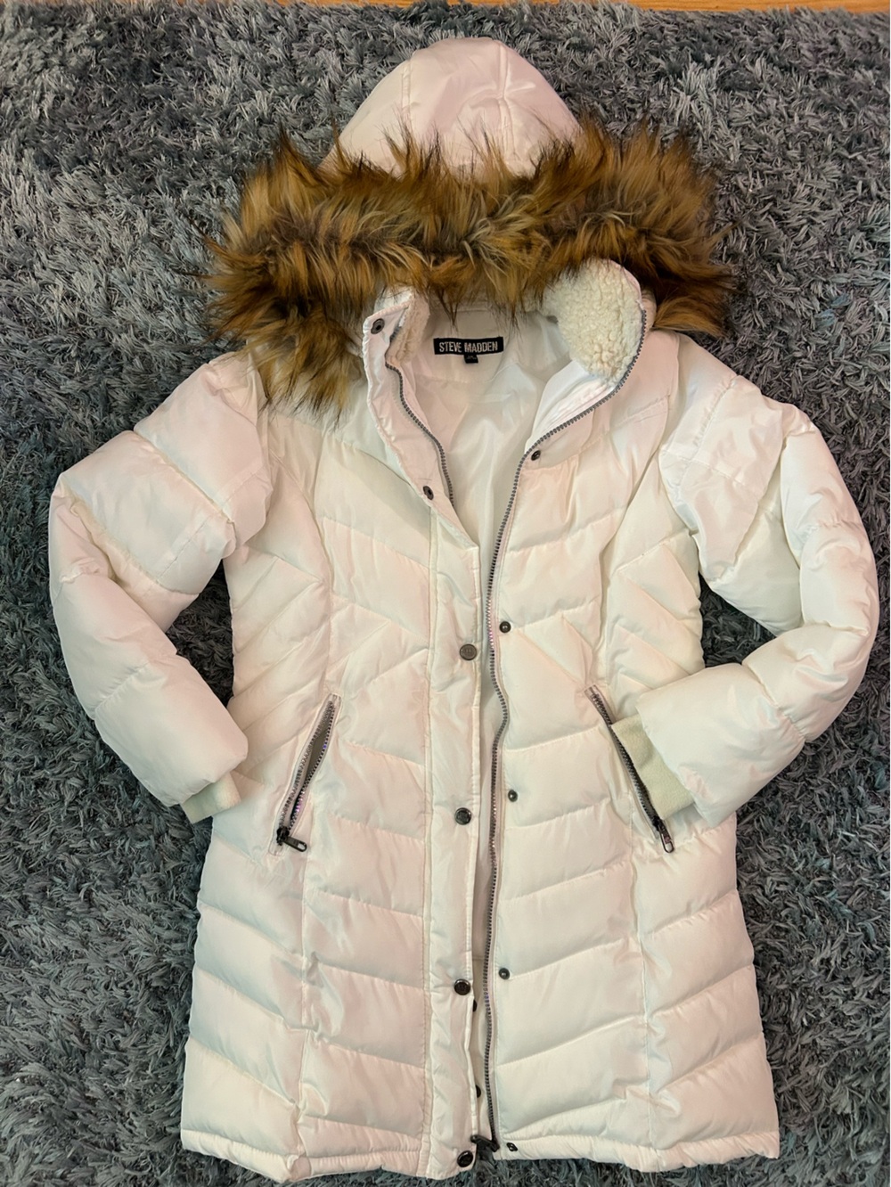 Steve Madden Girls White Puffer Coat with Faux Fur Trim